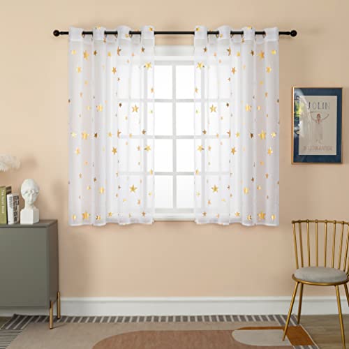 GIRASOLE HOME® 1 Paar Voile Filtervorhänge Muster goldene Sterne Vorhang Weiß für Innenraum mit Ösen 2 Paneelen (Sterne Gold, 140 x 145 cm) von GIRASOLE HOME