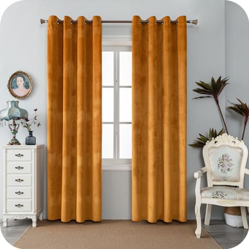 GIRASOLE HOME Adelaide weiche Verdunkelungsvorhänge aus Samt, 2 Paneele à 140 x 200 cm, mit Ösen, bernsteinfarben von GIRASOLE HOME