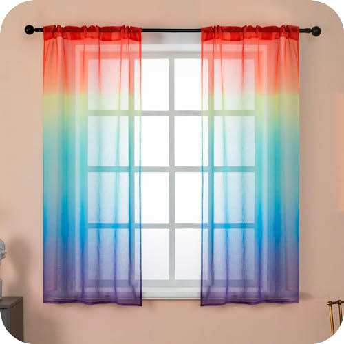 GIRASOLE HOME Paar Voile Vorhänge, halbtransparent, Farbe getönt, Regenbogen, Vorhang für Wohnzimmer, Schlafzimmer, Küche und Innenbereich, 2 Paneele mit Tasche, 70 x 138 cm von GIRASOLE HOME