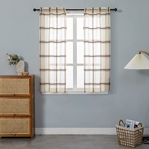 1 Paar halbtransparente Vorhänge mit kariertem Muster für Wohnzimmer und Schlafzimmer, 2 Paneele mit Tasche (Creme, 70 x 150 cm) von GIRASOLE