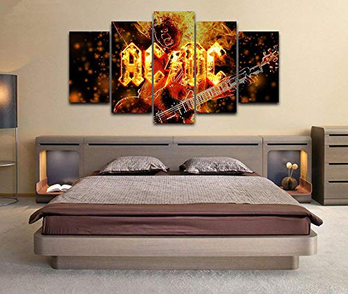 GIRDSS Bild Auf Leinwand Leinwandbild 5 Teilig Kunstdruck Modern Wandbilder XXL Format Wandbilder Wohnzimmer Deko Kunstdrucke 5 Teilig Angus Young Ac Dc ACDC Rockband-Logo Fertig Zum Aufhängen von GIRDSS