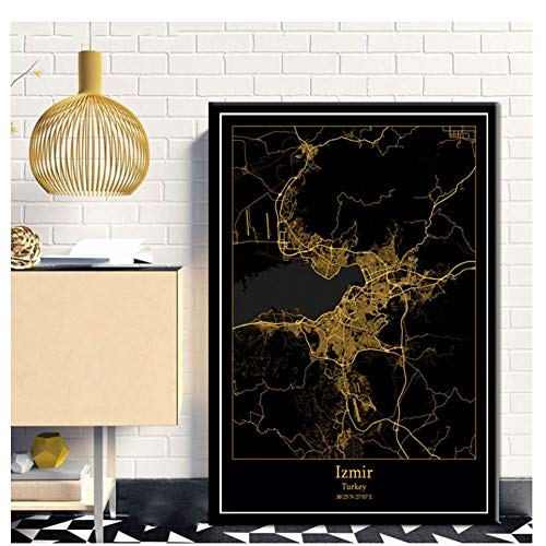 GIRDSS Izmir Türkei Schwarz & Gold Stadtlichtkarten Benutzerdefinierte Weltstadtplakate Poster Leinwanddrucke Wandkunst im nordischen Stil - 50 x 70 cm ohne Rahmen von GIRDSS