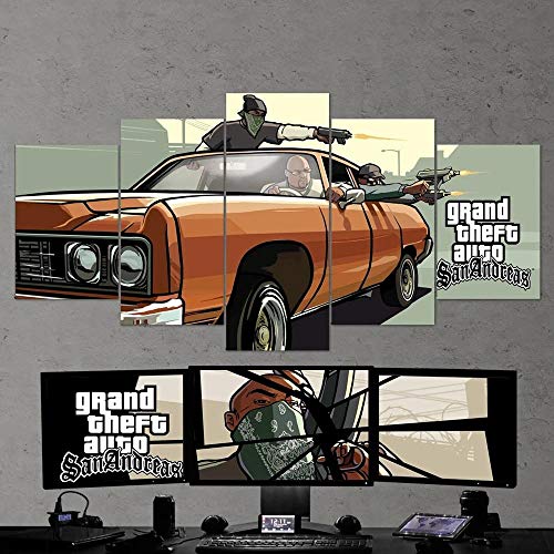 GIRDSS Kunstdrucke Moderne Druck Malerei Hintergrund Dekoration Modulare 5 Teiliges Wandbild GTA San Andreas Poster Wandkunst Leinwand Creative Geschenk Kunstwerk 150X80 cm von GIRDSS