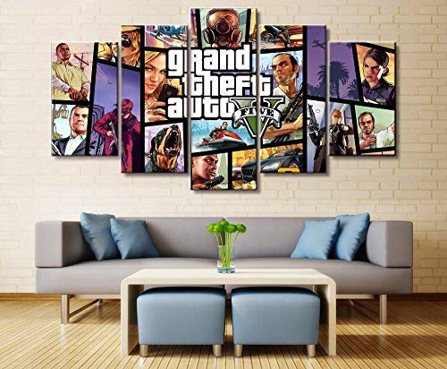 GIRDSS Leinwand Bilder 5 Teilig Kunstdruck Modern Wandbilder XXL Home Wohnzimmer Wanddekoration 5 TLG Bilder GTA Grand Theft Auto Fünf Creative Geschenk Kunstwerk 150X80 von GIRDSS