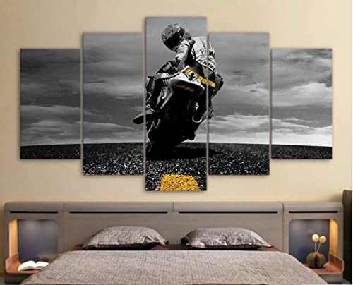 GIRDSSC Bild Auf Leinwand Leinwandbild 5 Teilig Kunstdruck Modern Wandbilder Xxl Format Wandbilder Wohnzimmer Deko Kunstdrucke 5 Teilig Motorrad Rennfahrer Straße Motorrad Fertig Zum Aufhängen von GIRDSSC