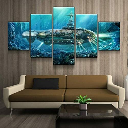 GIRDSSC Bild Auf Leinwand Leinwandbild 5 Teilig Kunstdruck Modern Wandbilder Xxl Format Wandbilder Wohnzimmer Deko Kunstdrucke 5 Teilig Sci Fi Steampunk U-Boot Fertig Zum Aufhängen von GIRDSSC