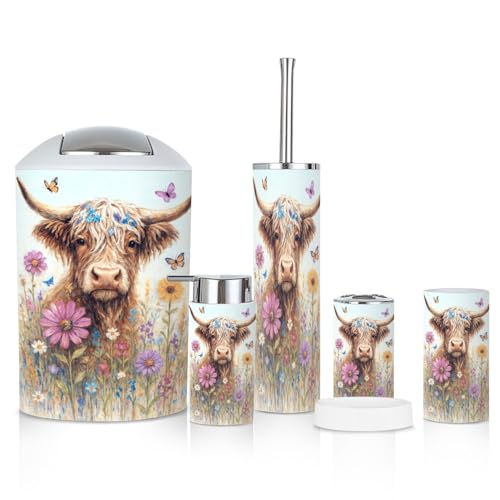 6-teiliges Badezimmer-Zubehör-Set Hochlandkuh Rustikales Bauernhaus Tier Natur Blume Landschaft Abstrakter Mülleimer Toilettenbürstenhalter Zahnbürstenhalter Zahnbürstenhalter Zahnbürstenbecher von GISGBJW