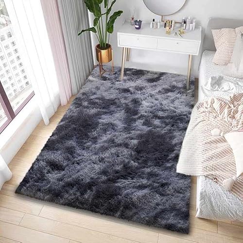 GISIONLARI Teppiche Wohnzimmer Großer Hochflor Teppich für Schlafzimmer Waschbar Flauschiger Teppich Weiche Bodenmatte für Wohnkultur (Schwarz grau, 120 x 170 cm) von GISIONLARI