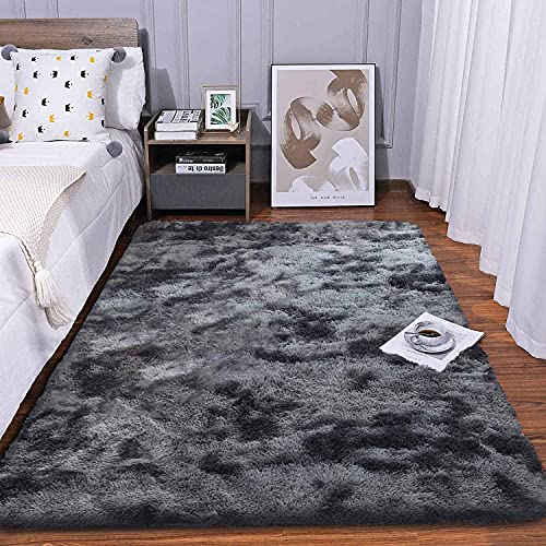 GISIONLARI Teppiche Wohnzimmer Großer Hochflor Teppich für Schlafzimmer Waschbar Flauschiger Teppich Weiche Bodenmatte für Wohnkultur (Schwarz grau, 80 x 150 cm) von GISIONLARI