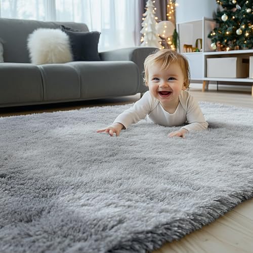 GISIONLARI Weicher Schlafzimmerteppich, flauschiger Teppich, zotteliger Teppich, rutschfest, modern, luxuriös, Fellteppich für Kinderzimmer, bequeme Heimdekoration, Bodenmatte (Grau, 160 x 200 cm) von GISIONLARI