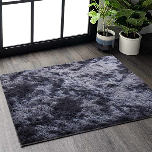 GISIONLARI Hochflor Teppich Wohnzimmer Shaggy Modern Teppich Schlafzimmer Flauschig Weich Teppiche für Schlafzimme Kinderzimmer (Schwarz grau, 60 x 110 cm) von GISIONLARI
