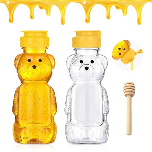 GIUSOBG 2 Stück Kristall Honigspender 250ML Bär Honigspender Transparent Squeeze Flasche mit Honigstick und Deckel, Wiederverwendbarer Honigbehälter zum Aufbewahren und Abmessen von Honig von GIUSOBG