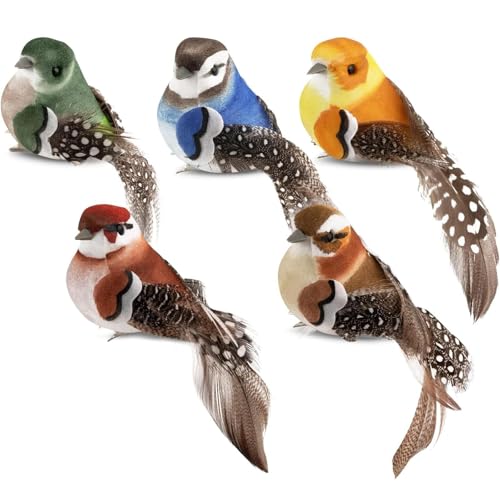 GIUSOBG 5 Stück Vogel Deko Figuren Künstliche Deko Vögel mit Clip Mini Vogel Dekofigur Künstliche Federvögel für Garten Frühling Deko Party Dekoration von GIUSOBG