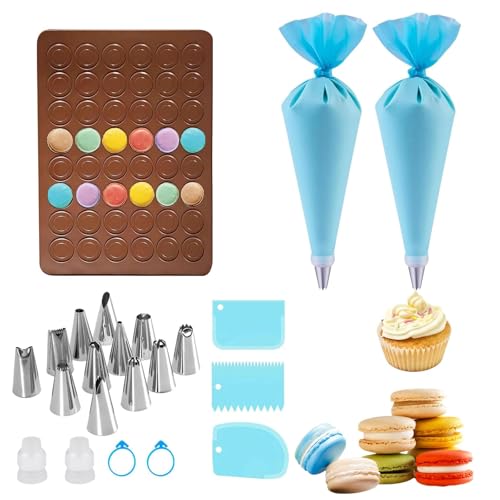 GIUSOBG Backmatte Macarons Silikon Backmatte backset mit Spritzbeutel und 12 Spritztüllen Silikon Backmatte Macaron Groß Antihaftbeschichtet Backformen，für Makronen, Keksen（22 Stück） von GIUSOBG