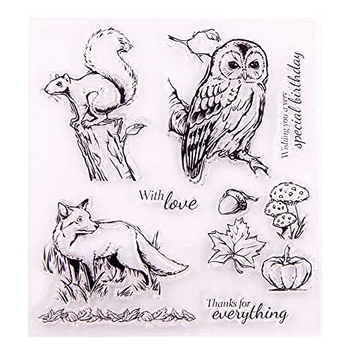GIVBRO Clear Stamp Seal Sticker Forest Animal Schablone Scrapbooking Fuchs Eichhörnchen Eule gemustert Prägeschablone Werkzeuge, 14.5cm*16cm von GIVBRO