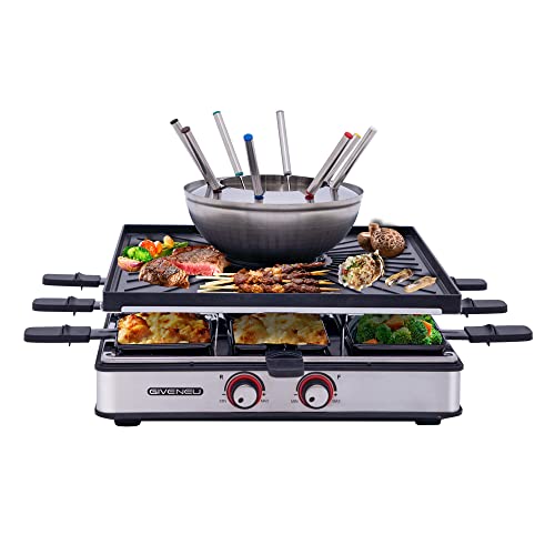 GIVENEU Electric Fondue Pot Set, 600 ml Fondue Pot with Grill Plate, 8 Colour-Coded Forks, 8 Non-Stick Pans, Dual Thermostat Fondue Grill Combination for Chocolate, Cheese, Grilling von GIVENEU