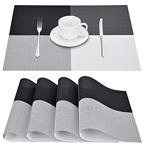 GIVERARE Platzsets 4er Set, Hitzebeständige Gewebte Vinyl Platzdeckchen, rutschfest Abwaschbar PVC Tischunterlage, Premium Kunststoff Tischmatten für Esstisch, Küchentisch (Schwarz+Weiß) von GIVERARE