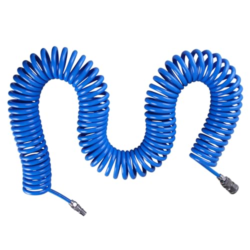 GIVIHGETI 15 m Druckluftschlauch Gewebeverstärkt PU Spiralschlauch, Innenø 5 mm, Außenø:8 mm PU Gewickelt für Luftleitung oder Flüssigkeitstransfer mit Schnellkupplung und Stöpsel von GIVIHGETI