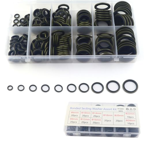 GIVIHGETI M6-M24 Ölablassschraube Dichtring,180 Stück Hydraulik Dichtringe mit Gummilippe, Bonded Seal Dichtungsringe Sortiment mit Aufbewahrungsbox von GIVIHGETI