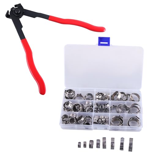 GIVIHGETI Schlauchschellen Set, 80 Stücke Schhlauchklemmen 5,8-23,5mm(9 Größen) aus 304 Edelstahl + Ohrklemmenzange Schlauchschellenzange Einzelohrschlauchklemme Crimper Werkzeug Kit von GIVIHGETI