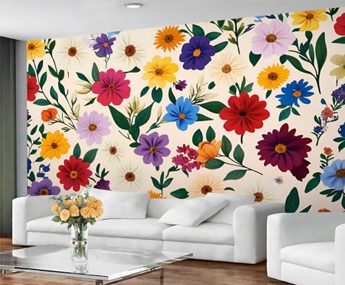 Blumentapete und Wandbild, Boho-Blumen-Tapete, abziehen und aufkleben, Tapeten für Wohnzimmer, buntes rustikales großes Wandbild und Heimdekoration, selbstklebend von GIVLWF