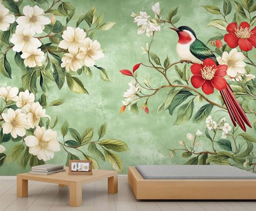 Frühlingslandschaftstapete – Tapete zum Abziehen und Aufkleben für Wohnzimmer, Blumen und Vögel, Schlafzimmer, selbstklebend, großes Wandbild, rustikales Grün, Heimdekoration von GIVLWF