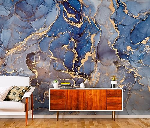 GIVLWF Blauer Marmor Fotomural, Tintengoldmuster Wandtapete, 400 x 280 cm Wandbild Dekoration - für Wohnzimmer Schlafzimmer, Büro, Küche die Mauer von GIVLWF