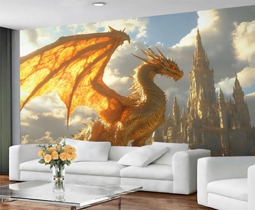 GIVLWF Drachen Tapeten-Wandbild - Goldener Drache Wandbild & Wohnkultur, Schlafzimmertapete, Tapete für Wohnzimmer, nicht selbstklebend, Fantasietiere von GIVLWF