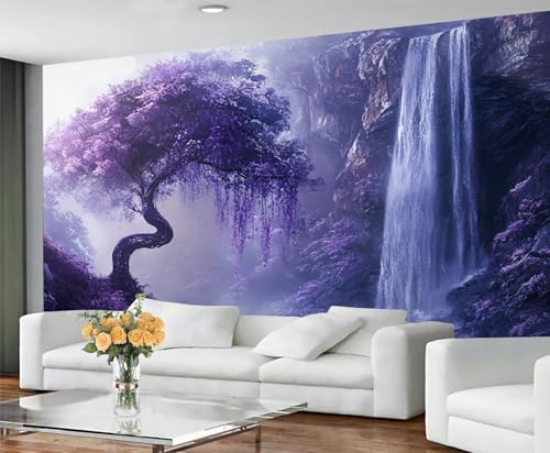 GIVLWF Fantasy-Tapete und Wandbild, violette Landschaftstapete, abziehen und aufkleben, Schlafzimmertapete, Wasserfall und Baum, großes Wandbild und Heimdekoration, selbstklebend von GIVLWF