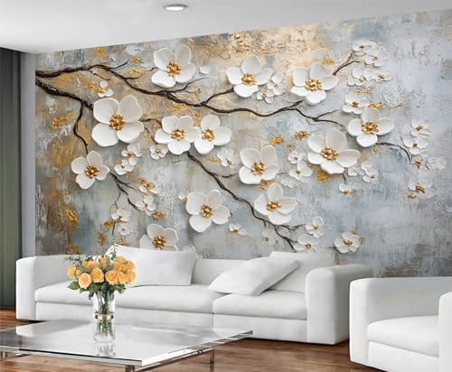 GIVLWF Florals Tapeten-Wandbild – Weiße Blumen Wandbild & Heimdekoration, Schlafzimmertapete, Tapete für Wohnzimmer, nicht selbstklebend, 3D-geprägte Blumen von GIVLWF