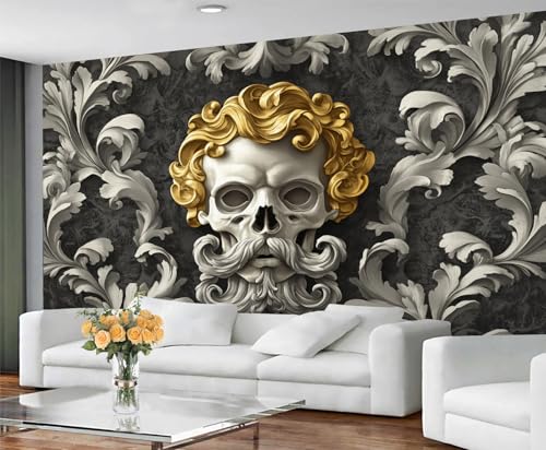GIVLWF Gotisches Tapeten-Wandbild – 3D-Damast-Totenkopf-Wandbild & Heimdekoration, Schlafzimmer-Tapete, Wandtapete für Wohnzimmer, nicht selbstklebend, gotisches Relief von GIVLWF