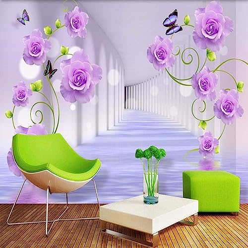 Moderne Lila Rose Mural Wandbild, Blumen Schmetterling 3D Vlies Tapete, 150 x 105 cm Wandbild Dekoration - für Zuhause Wohnzimmer die Mauer von GIVLWF