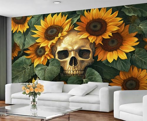 GIVLWF Rustikales Tapeten-Wandbild – Gotischer Totenkopf-Wandbild & Heimdekoration, Schlafzimmertapete, Wandtapete für Wohnzimmer, nicht selbstklebend, Sonnenblumen-Blumen von GIVLWF