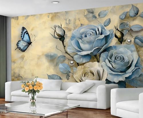 GIVLWF Tapete – Blaue Rose Home Decor & Großes Wandbild, Rustikale Blumen Tapete für Wohnzimmer, Schlafzimmer, Wandbild, Wandbild, nicht selbstklebend, Blumenschmetterling GIVLWF Tapete – Blaue Rose Home Decor & Großes Wandbild, Rustikale Blumen Tapete für Wohnzimmer, Schlafzimmer, Wandbild, Wandbild, nicht selbstklebend, Blumenschmetterling von GIVLWF