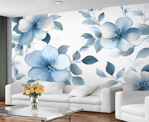 GIVLWF Tapete – Blumen-Wandbild und Heimdekoration, blaue Blumen, Schlafzimmer-Tapete, Aquarell-Wandpapier für Wohnzimmer, nicht selbstklebend, großes Wandbild und Raumdekoration von GIVLWF