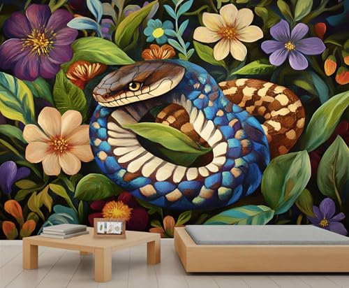 GIVLWF Tapete – Cartoon-Schlangen-Heimdekoration & großes Wandbild, tropische Blumen-Tapete für Wohnzimmer, Schlafzimmer, nicht selbstklebende Wandbild, Blumen und Schlangen von GIVLWF