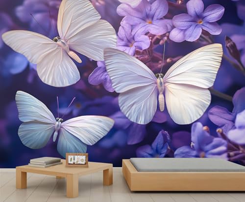 GIVLWF Tapete – Floral Butterfly Home Decor & großes Wandbild, lila Blumen Tapete für Wohnzimmer, Schlafzimmer, Wandpapier, nicht selbstklebende Wandbild, weißer Schmetterling von GIVLWF