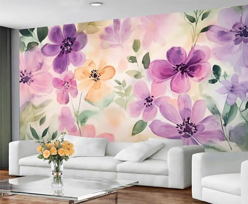 GIVLWF Tapete – Florale Heimdekoration und Wandbild, Aquarell-Blumen, Schlafzimmer-Tapete, Tapete für Wohnzimmer, großes Wandbild, nicht selbstklebend, violettes Blumenmuster von GIVLWF