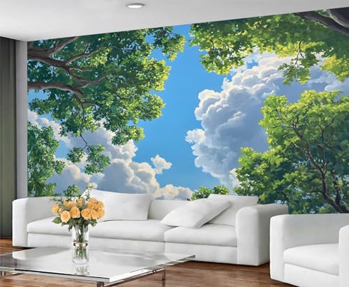 GIVLWF Tapete - Frühling Wohnkultur & Wandbild Weiße Wolken Schlafzimmer Tapeten Tapete für Wohnzimmer Großes Wandbild - Nicht Selbstklebend Grüne Pflanzen von GIVLWF