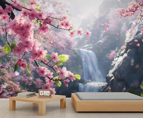 GIVLWF Tapete – Frühlingslandschaft, Heimdekoration & großes Wandbild, floraler Wasserfall-Tapete für Wohnzimmer, Schlafzimmer, nicht selbstklebende Wandbild, natürliche Kirschblüten von GIVLWF