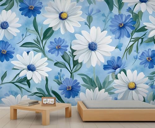 GIVLWF Tapete – Gänseblümchen-Heimdekoration und großes Wandbild, weiße Blumentapete für Wohnzimmer, Schlafzimmer, nicht selbstklebende Wandbild, Aquarell Blau von GIVLWF
