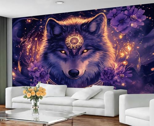 GIVLWF Tapete – Galaxie Wolf Home Decor & Mural, Lila Wolf Schlafzimmer Tapete, Fantasy Tiere Tapeten für Wohnzimmer, großes Wandbild (nicht selbstklebend) von GIVLWF