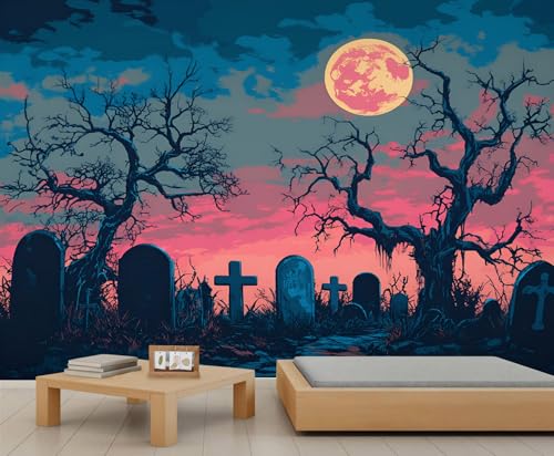 GIVLWF Tapete – Halloween-Themen-Heimdekoration & großes Wandbild, Cartoon-Gothic-Schlafzimmer-Tapete, Tapete für Wohnzimmer, nicht selbstklebendes Wandbild, Friedhofslandschaft von GIVLWF