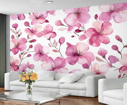 GIVLWF Tapete – Kirschblüten-Heimdekoration und Wandbild, rosa Blumenmuster, Schlafzimmertapete, Aquarell-Kirschblüten-Wandtapete für Wohnzimmer, großes Wandbild (nicht selbstklebend) von GIVLWF