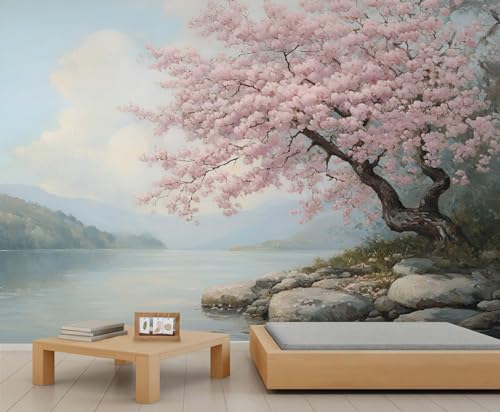 GIVLWF Tapete – Landschaftsbaum-Heimdekoration & großes Wandbild, rosa Baumtapete für Wohnzimmer, Schlafzimmer, nicht selbstklebende Wandbild, Frühlingslandschaft von GIVLWF