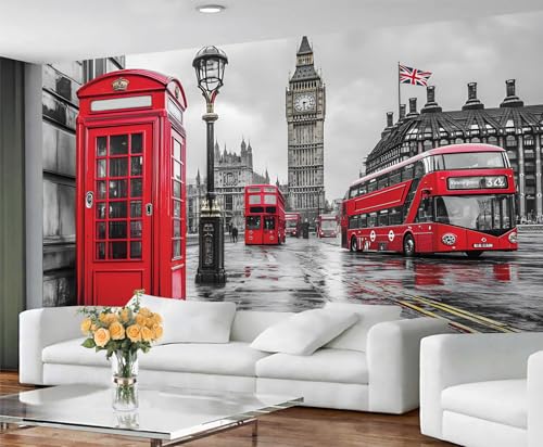 GIVLWF Tapete – London-Wandbild und Heimdekoration, Straßenszene, Schlafzimmer-Tapete, Grau und Rot, Tapete für Wohnzimmer, nicht selbstklebend, großes Wandbild und Raumdekoration von GIVLWF