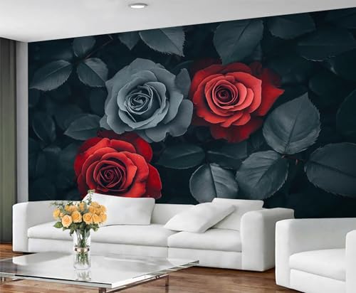 GIVLWF Tapete - Rose Home Decor & Mural, Romantische Blumen Schlafzimmer Tapete, Tapeten für Wohnzimmer, große Wandbild, nicht selbstklebend, Grau & Rot von GIVLWF