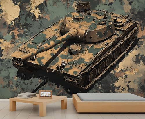 GIVLWF Tapete – Tank-Graffiti-Heimdekoration & großes Wandbild, Armeegrün Tapete für Wohnzimmer, Schlafzimmer, nicht selbstklebende Wandbild, Camouflage-Muster von GIVLWF