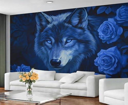 GIVLWF Tapete – Wolf Home Decor & Mural, Blaue Rose, Schlafzimmertapete, Mystischer Wolf, Tapeten für Wohnzimmer, großes Wandbild (nicht selbstklebend) von GIVLWF