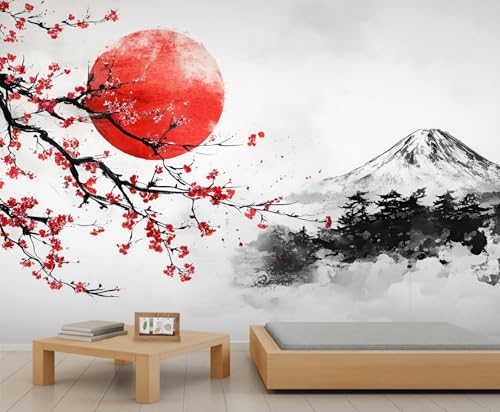 GIVLWF Tapete – japanischer Stil, Heimdekoration und großes Wandbild, traditionelle Landschaft, Schlafzimmer, Tapete für Wohnzimmer, nicht selbstklebende Wandbild, Berge und Blumen von GIVLWF